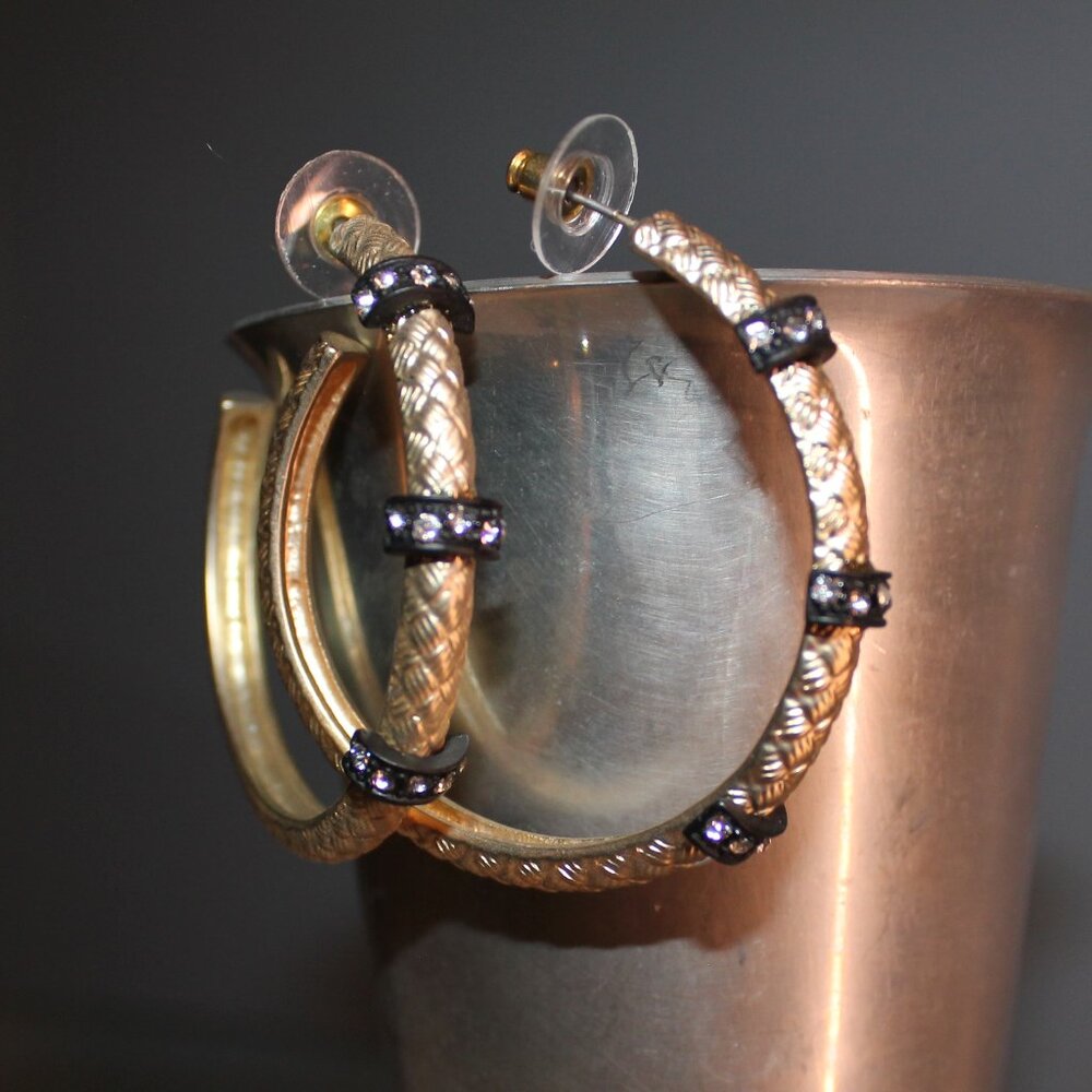 Chunky Gold Tone Hoop Earrings w/ Black Crystal  90s/Y2k Style
